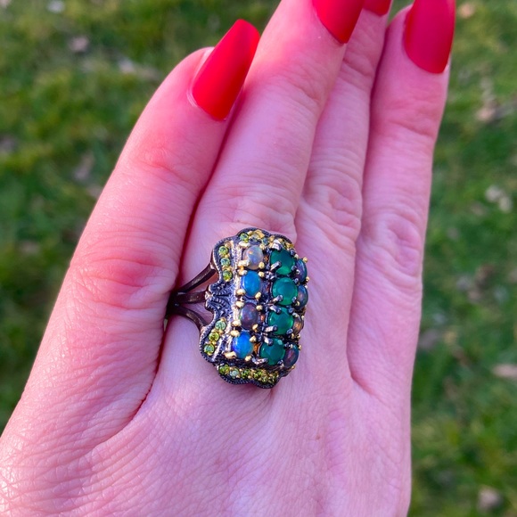 Vintage Art Deco Style Green Onyx & Opal Cluster Ring Sz 6 925 Silver Gold - Picture 6 of 8